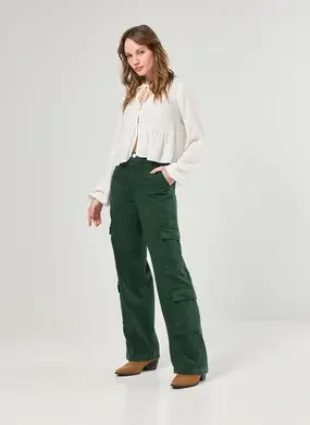 Calça Sarja Verde Wide Leg Cargo