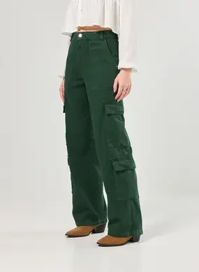 Calça Sarja Verde Wide Leg Cargo
