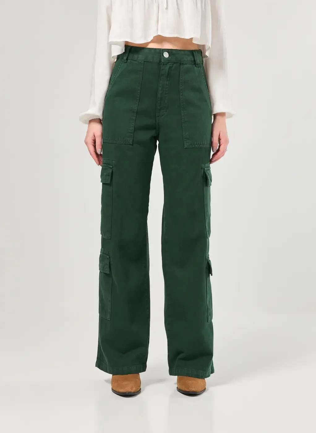 Calça Sarja Verde Wide Leg Cargo