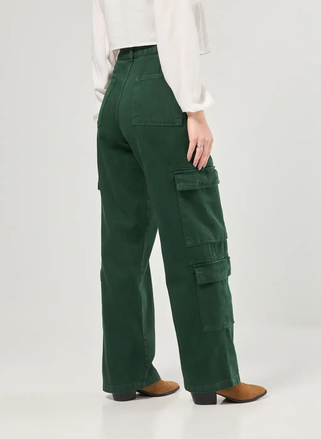 Calça Sarja Verde Wide Leg Cargo