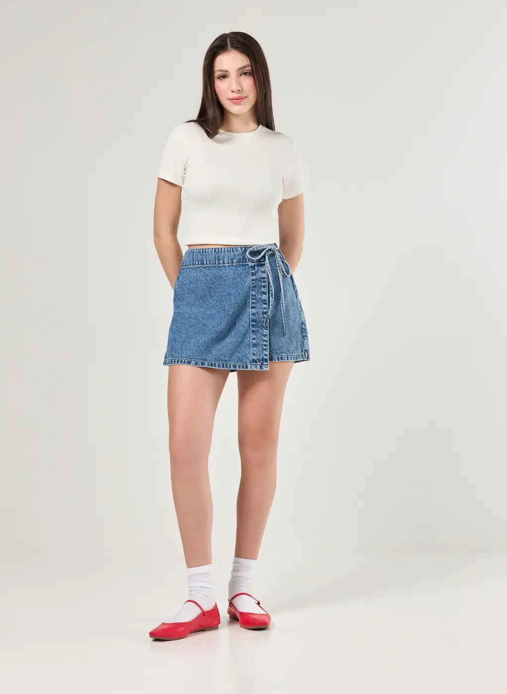 Short Saia Jeans Médio Com Amarração