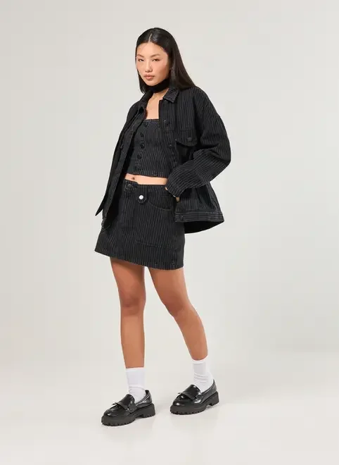 Saia Jeans Preta Risca De Giz