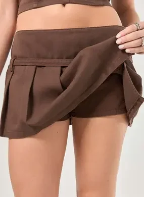 Short Saia Sarja Marrom Cintura Baixa