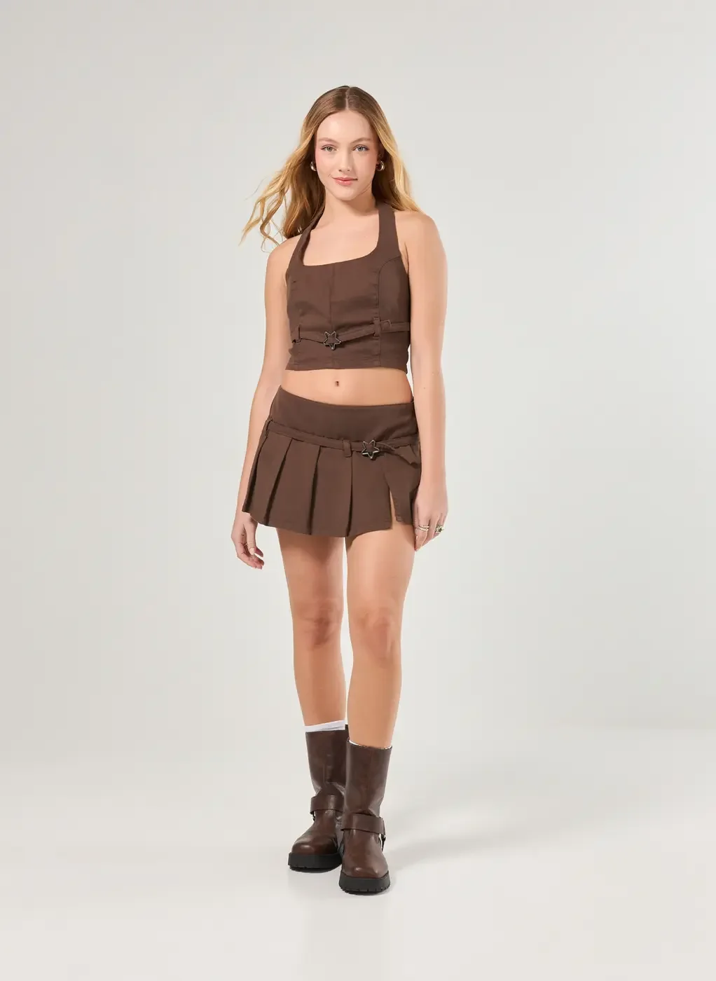 Short Saia Sarja Marrom Cintura Baixa