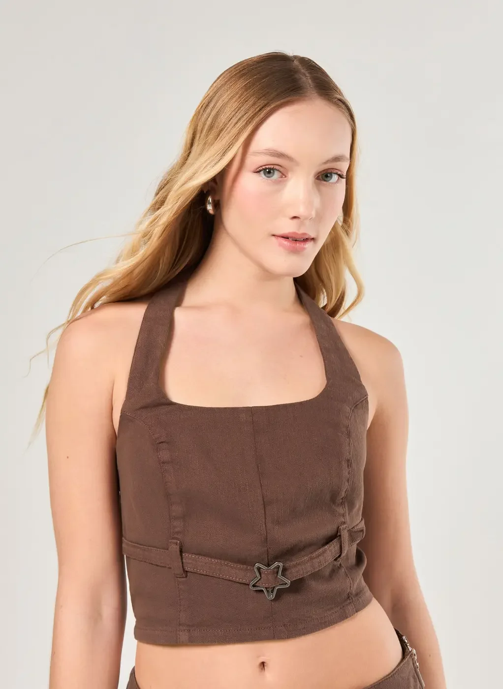 Cropped Sarja Marrom Com Cinto