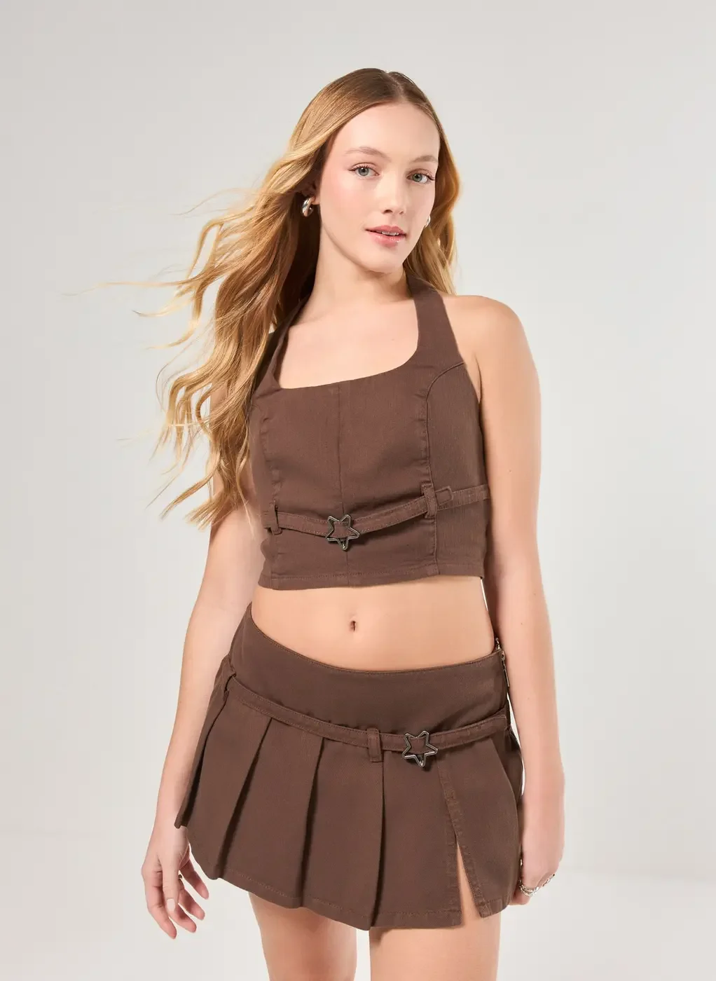 Cropped Sarja Marrom Com Cinto