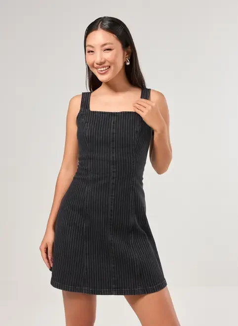 Vestido Jeans Preto Risca De Giz