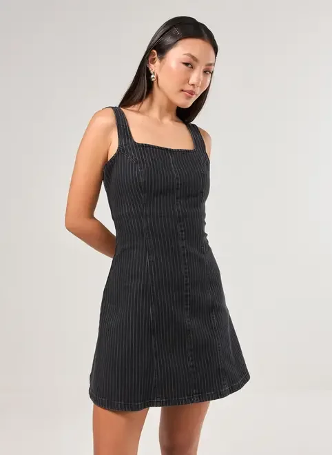 Vestido Jeans Preto Risca De Giz