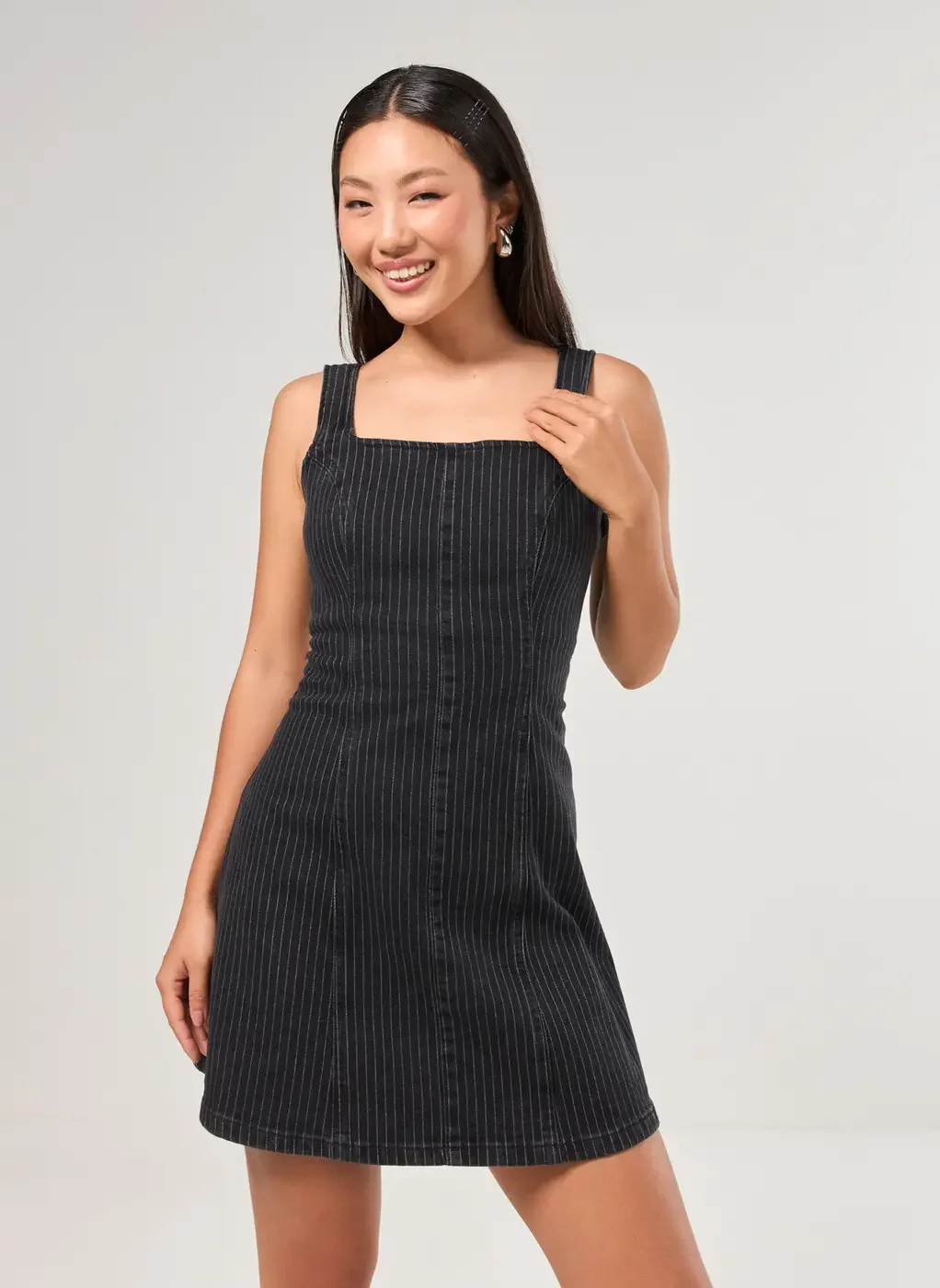 Vestido Jeans Preto Risca De Giz