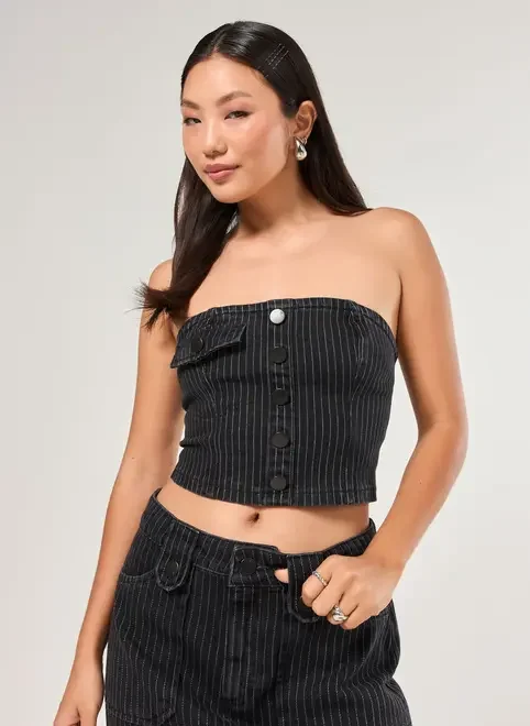 Tube Top Jeans Preto Risca De Giz