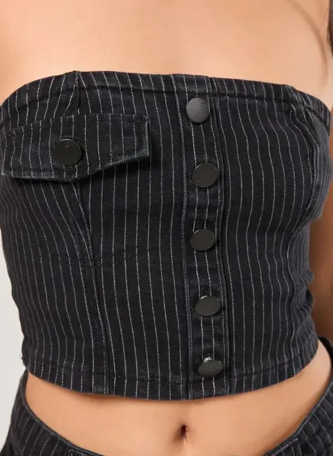 Tube Top Jeans Preto Risca De Giz