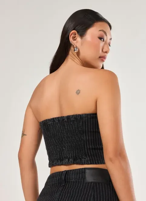 Tube Top Jeans Preto Risca De Giz