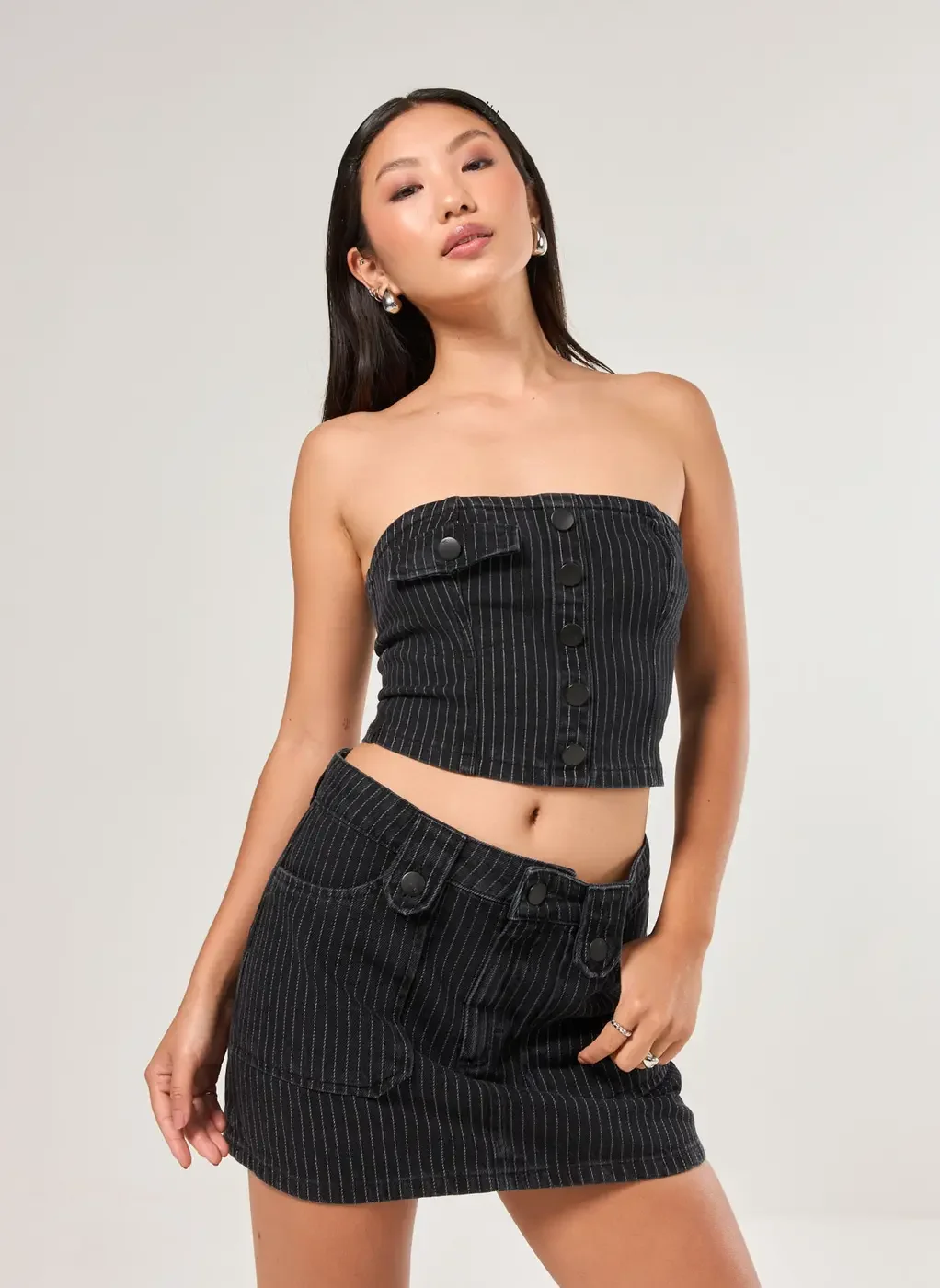 Tube Top Jeans Preto Risca De Giz
