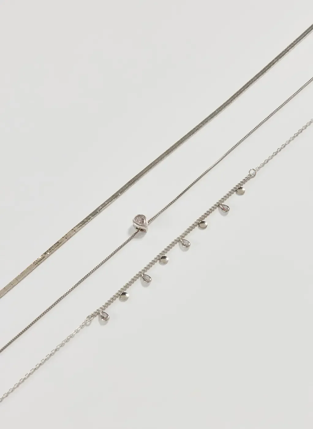 Conjunto 3 Colares Prateados Gota Zircônia