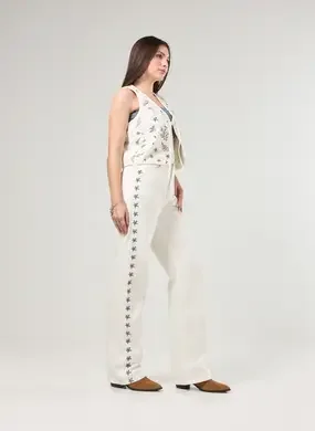 Calça Wide Leg Flores Bordadas