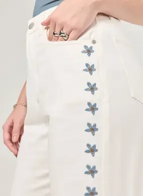 Calça Wide Leg Flores Bordadas