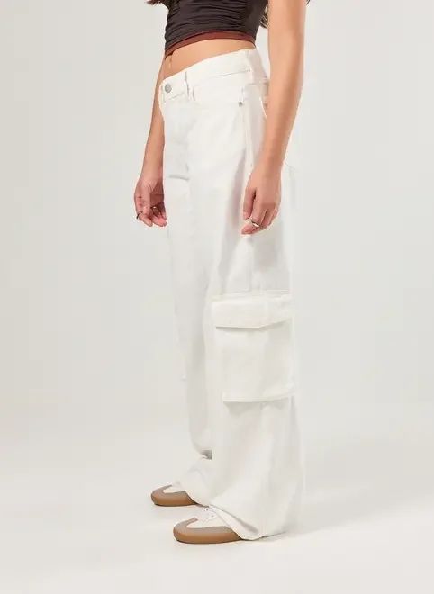 Calça Wide Leg Cargo Cintura Média