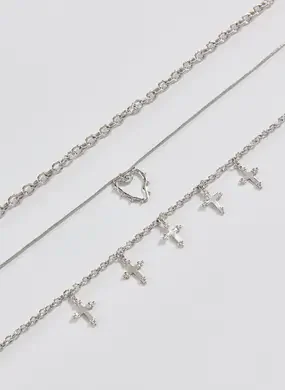 Conjunto 3 Colares Prateados Cruz E Coração