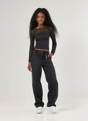 Calça Jeans Baggy Cintura Baixa Chaveiro