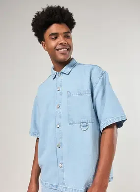 Camisa Box Manga Curta Jeans