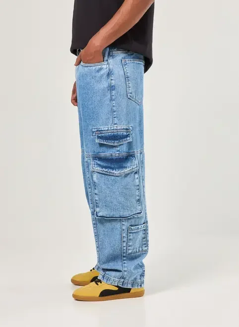 Calça Baggy Cargo Jeans Médio