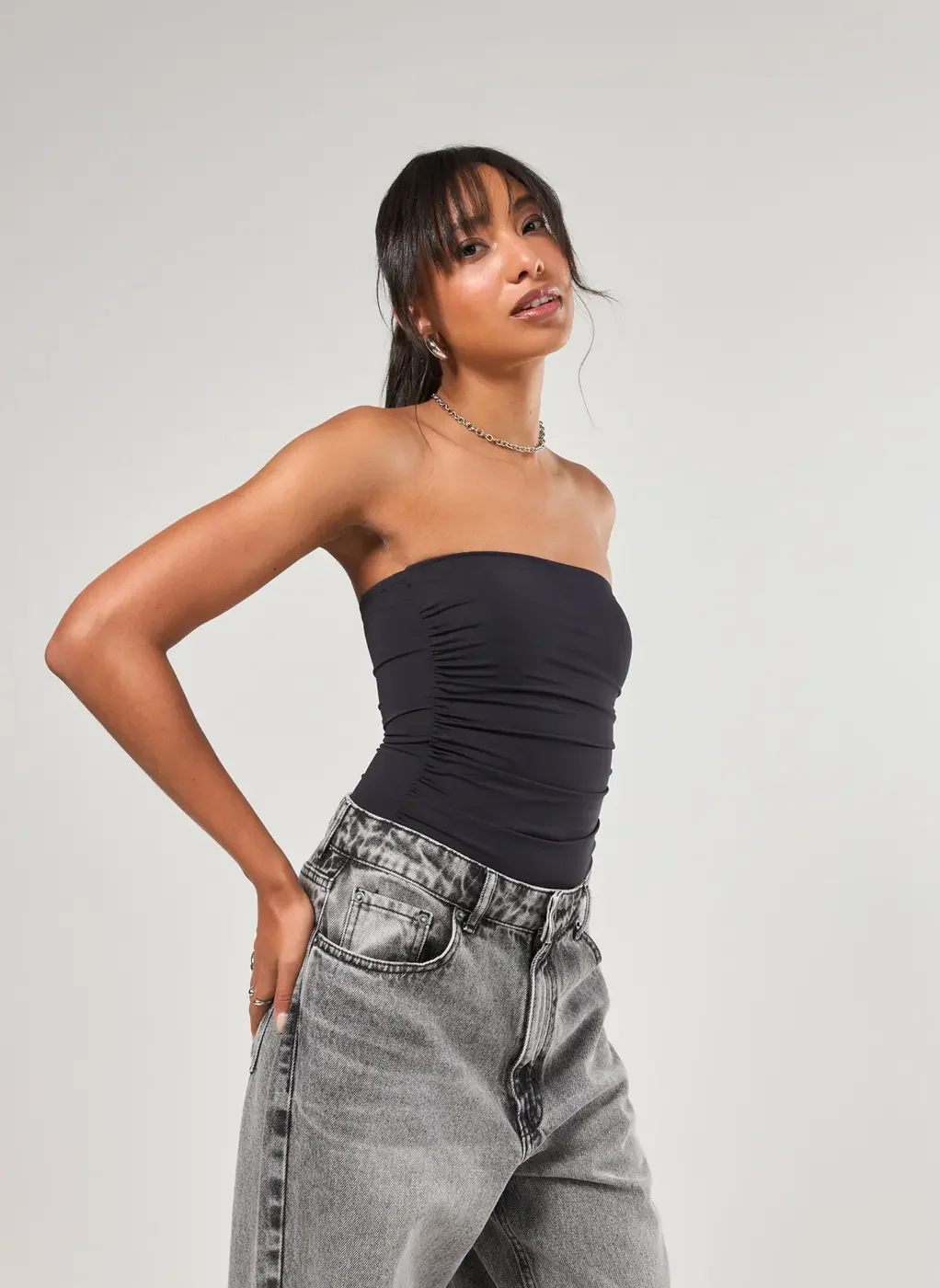 Body Poliamida Preto Decote Reto Franzido