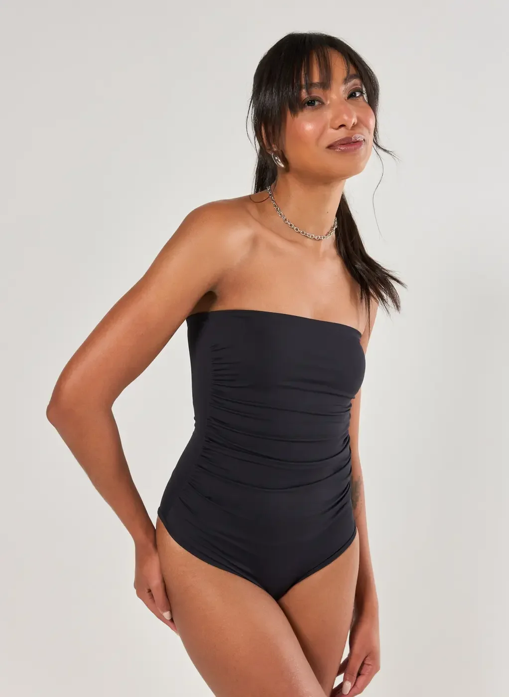 Body Poliamida Preto Decote Reto Franzido