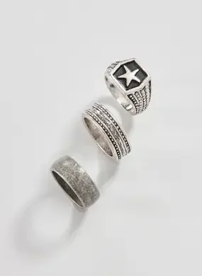 Conjunto 3 Anéis Prateados Estrela