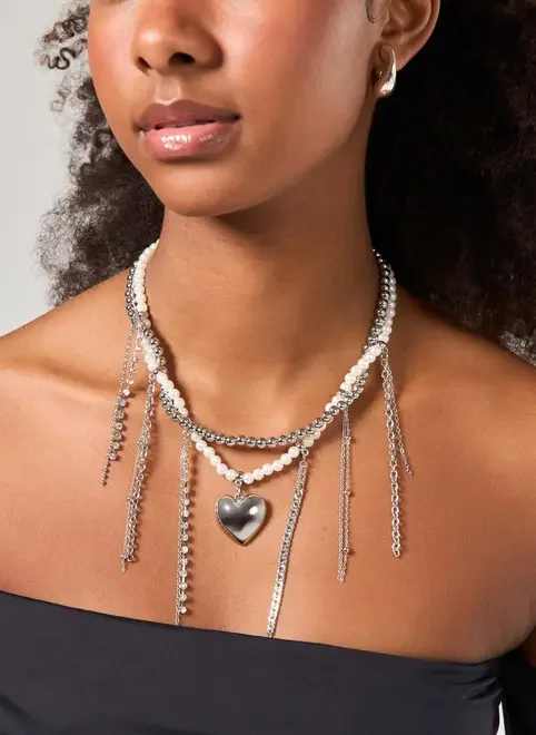 Colar Duplo Pérolas Artificiais Com Coração