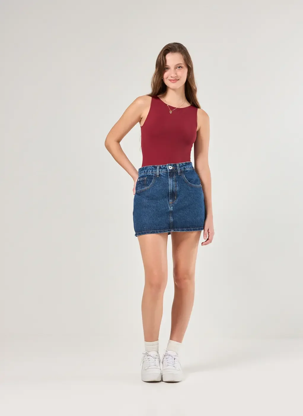 Short Saia Jeans Escuro Cintura Alta