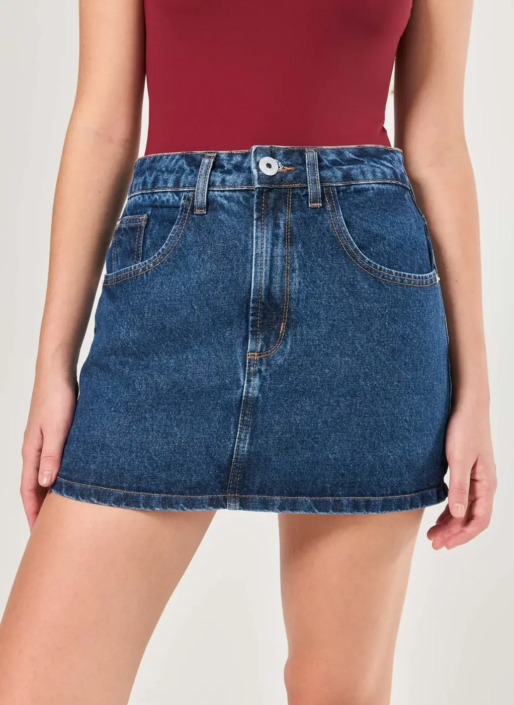 Short Saia Jeans Escuro Cintura Alta