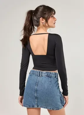 Cropped Manga Longa Decote Poliamida