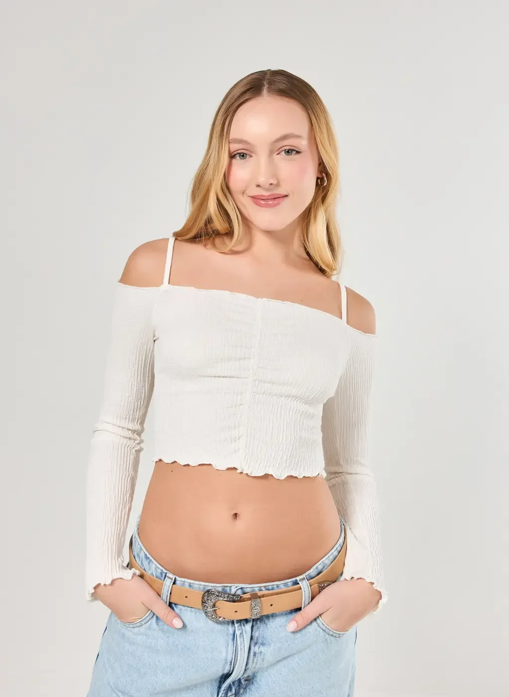 Cropped Manga Longa Ombro A Ombro Textura