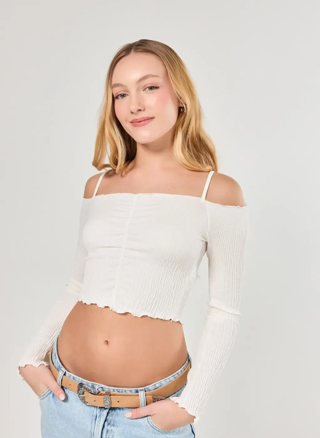 Cropped Manga Longa Ombro A Ombro Textura