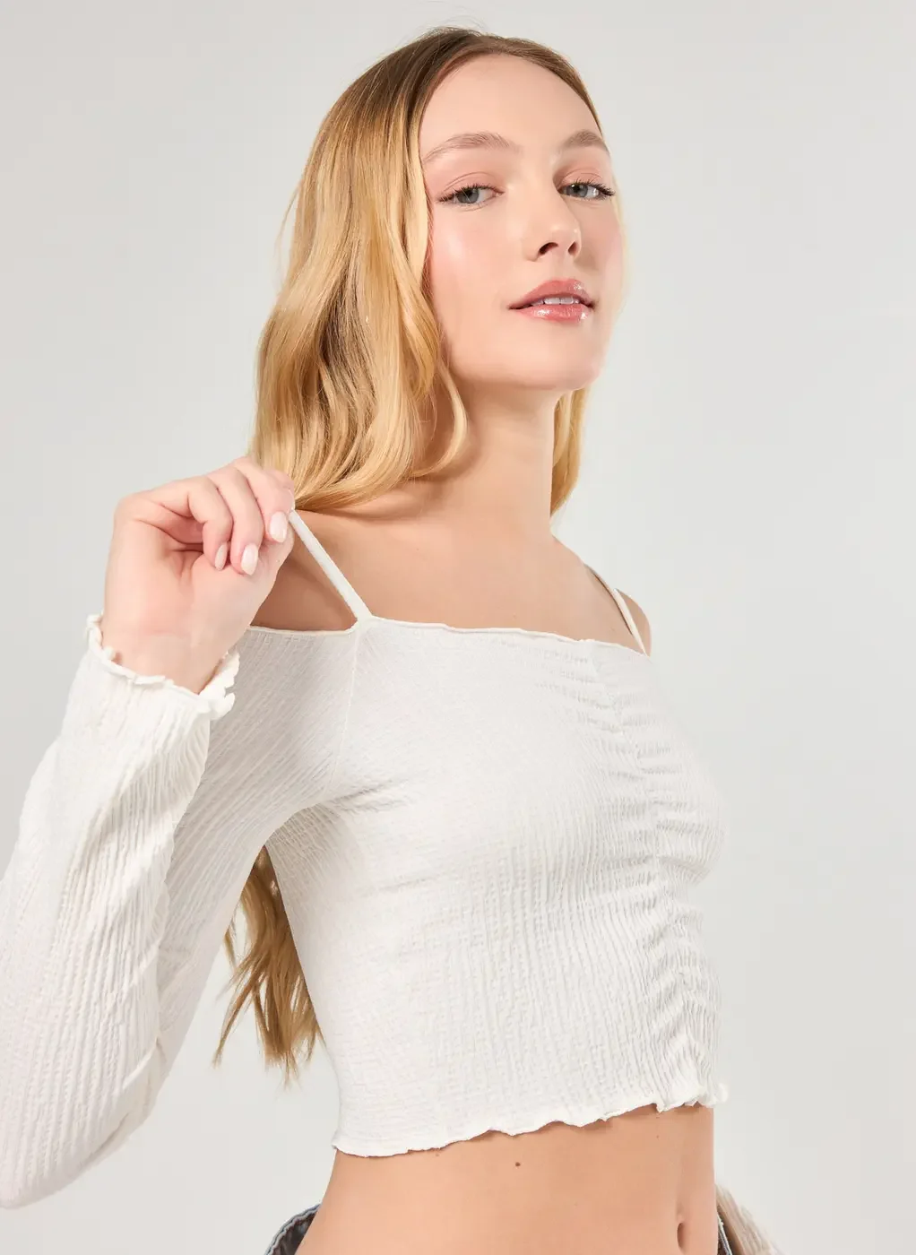 Cropped Manga Longa Ombro A Ombro Textura