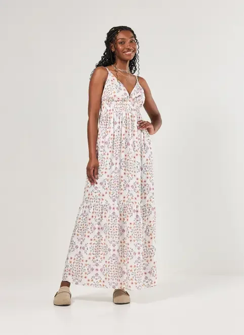 Vestido Longo Off-White Florido Com Laço