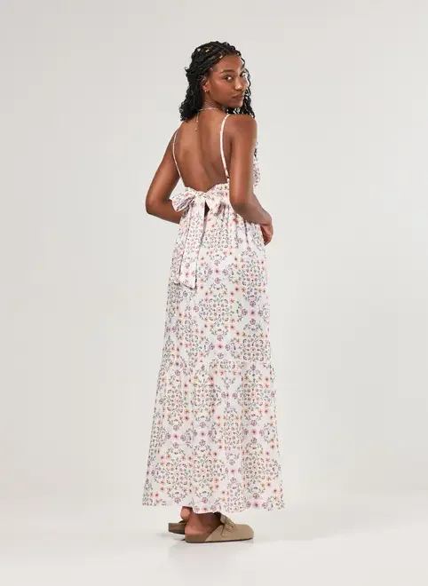 Vestido Longo Off-White Florido Com Laço