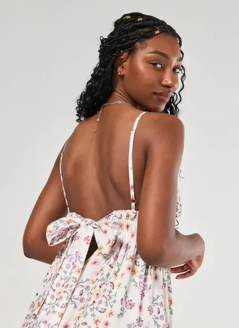 Vestido Longo Off-White Florido Com Laço