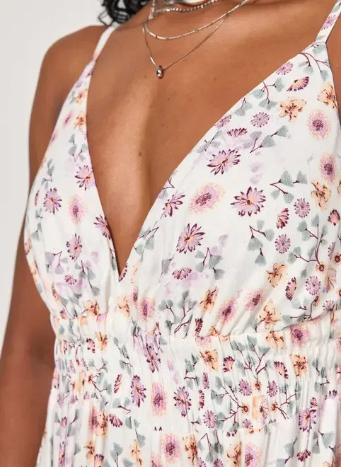 Vestido Longo Off-White Florido Com Laço