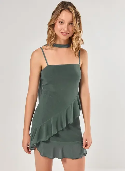 Vestido Curto Tule Verde Assimétrico