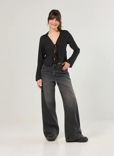 Camisa Manga Longa Lacinhos Preta