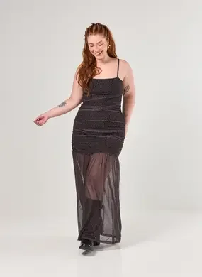 Vestido Longo Tule Preto Poá