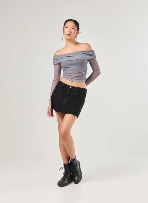 Blusa Ombro A Ombro Tule Cinza