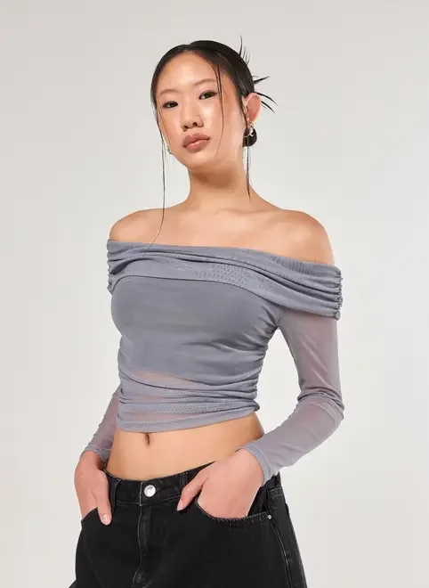 Blusa Ombro A Ombro Tule Cinza