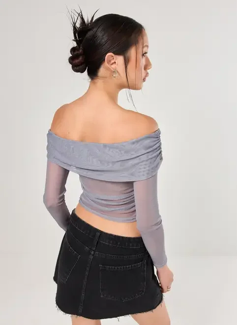 Blusa Ombro A Ombro Tule Cinza