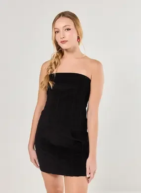 Vestido Veludo Cotelê Preto Sem Alças
