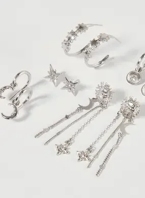 Conjunto 5 Brincos Prateados Universo