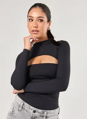 Super Cropped Manga Longa Poliamida Preta
