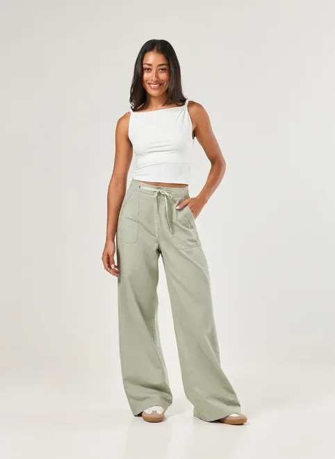 Calça Sarja Wide Leg Amarração Ajuste