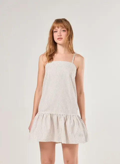 Vestido Em Sarja Listrada Com Babado